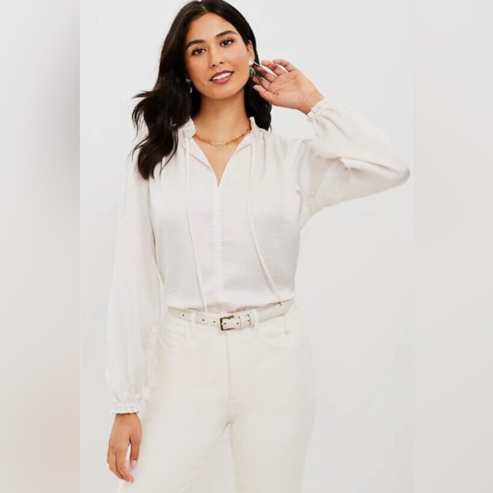 NWT	LOFT	Ruffle neck silky blouse	Ivory	M